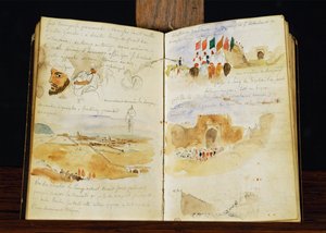 Skizzen von Arabern, Landschaften von Marokko, arabische Menschenmengen, Tor von Meknes und handschriftliche Notizen