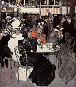Frau spricht an einem Tisch vor einem Café. Illustration von Von Reznicek in: Simplicissimus, Deutschland von Ferdinand von Reznicek
