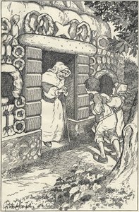 Zwei Kinder im Lebkuchenhaus im Wald. Illustration von F. Scarpelli für das Märchen Hänsel und Gretel nach einer Sammlung der Brüder Grimm. Schneewittchen und andere Märchen, Florenz