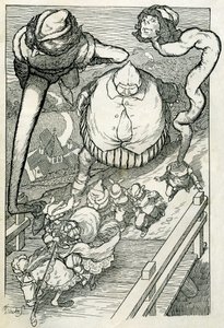 Der Prinz betrat die Stadt, gefolgt von seinen Dienern. Illustration von Filiberto Scarpelli für das Märchen "Die Diener und der Prinz" aus einer Sammlung der Brüder Grimm "Schneewittchen und andere Märchen" von Filiberto Scarpelli