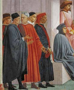 Männer in mittelalterlicher Kleidung, Detail aus Die Auferweckung des Sohnes des Theophilus, von Tommaso Masaccio, Fresko