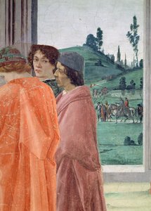 Der Streit mit Simon Mago und die Kreuzigung von St. Peter Detail von drei Figuren, die die Kreuzigung beobachten, zentrales Porträt vermutlich von Filippinos Lehrer Botticelli, ca. 1480 Fresko von Filippino Lippi