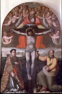 Dreifaltigkeit mit den Hl. Stephanus und Philippus, Mittelteil eines Altars (Tempera auf Holz) von Filippino Lippi