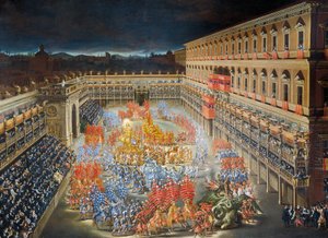 Feierlichkeiten im Palazzo Barberini zu Ehren der Ankunft von Königin Christine von Schweden in Rom im Jahr 1656 (Detail) von Filippo and Gagliardi Filippo Lauri
