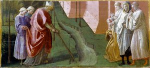 Pala Barbadori: „Heiliger Fridian (Frigidian oder Frigdian oder Frediano), Bischof von Lucca, stoppt durch seine Gebete die Überschwemmung des Serchio-Flusses“ (Detail)