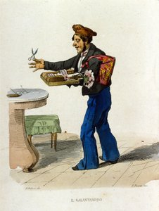 Galanteriehändler (Kleinhändler) in Neapel. Diese Straßenhändler boten Kosmetika an. - Farbige Kupferstichgravur nach einem Gemälde von F. Palizza (aus: „Costumi del regno“ von Francesco de Bourcard).