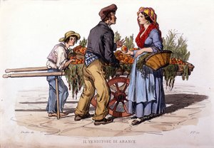 Kleingewerbe der Stadt Neapel: der wandernde Orangenverkäufer. Gravur nach einem Gemälde von F. Palizza. Aus einem Werk von Francesco de Bourcard „Costumi del regno di Napoli“