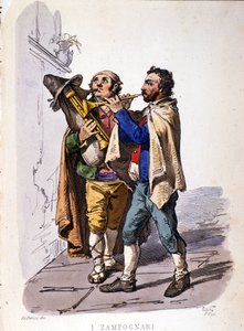 Dudelsackspieler (Zampogna). Gravur nach einem Gemälde von F. Palizza. Aus einem Werk von Francesco de Bourcard „Costumi del regno di Napoli“ von Filippo Palizzi
