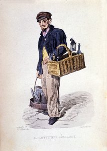 Kleingewerbe der Stadt Neapel: der „caffettiere“, ein neapolitanischer Kaffeeverkäufer. Stich nach einem Gemälde von F. Palizza. Aus einem Werk von Francesco de Bourcard „Costumi del regno di Napoli“