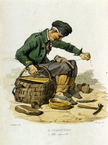 Kleingewerbe der Stadt Neapel: der Schuster. Gravur nach einem Gemälde von F. Palizza. Aus einem Werk von Francesco de Bourcard „Costumi del regno di Napoli“