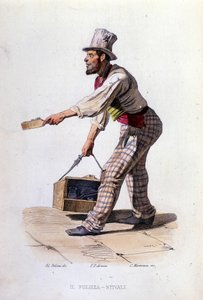 Kleingewerbe der Stadt Neapel: der Schuhputzer. Gravur nach einem Gemälde von F. Palizza. Aus einem Werk von Francesco de Bourcard „Costumi del regno di Napoli“