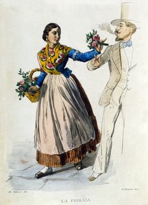 Kleingewerbe der Stadt Neapel: junge Floristin reicht einem eleganten Mann einen Blumenstrauß. Gravur nach einem Gemälde von F. Palizza. Aus einem Werk von Francesco de Bourcard „Costumi del regno di Napoli“