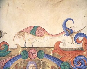Fantastischer Vogel, Detail der Dekoration um eine historiierte Initiale aus einem Chorbuch vor 1449 (Pergament) (Detail)