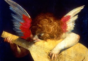 Geflügelter Putto spielt eine Laute, 16. Jahrhundert