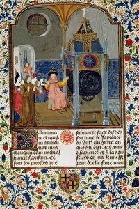 Der Haushalt bewundert die seltene Uhr des Meisters, aus einer Abhandlung über Moral, Mitte des 15. Jahrhunderts von Flemish School