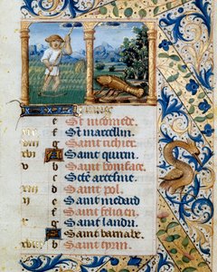 Kalender, Juni, ein Bauer mäht und das Zeichen des Krebses. Seite aus einem Stundenbuch ms. 47, illuminiert von der flämischen Schule. 16. Jahrhundert Badia de 