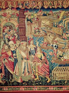 Zentrales Detail der Ankunft von Vasco da Gama in Calicut (Wandteppich) von Flemish School