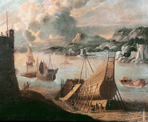 Bau eines Galeons in einer genuesischen Werft von Flemish School