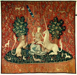 Vorhang der Dame mit dem Einhorn: Der Anblick. Eine junge Frau hält einen Spiegel, umgeben von einem Löwen, einem Einhorn, einem Affen und Kaninchen. Woll- und Seidentapisserie, hergestellt zwischen 1484 und 1500. Aus dem Schloss Boussac, Creuse. Paris, Na von Flemish School