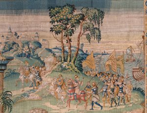 Flämischer Wandteppich. Alexander wird eine Krone angeboten. Atelier von Oudenaarde. 384x316cm. Inv (83024)-5 / 00009. 17. Jahrhundert. von Flemish School