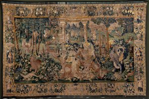 Flämischer Wandteppich. Landschaft mit Pergola und großen Tieren, mit 2 Säulen. Atelier von Oudenaarde. 17. Jahrhundert