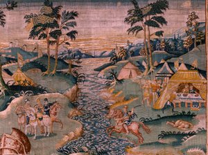 Flämischer Wandteppich. Militärlager am Fluss Granikos. Atelier von Oudenaarde. 17. Jahrhundert. von Flemish School