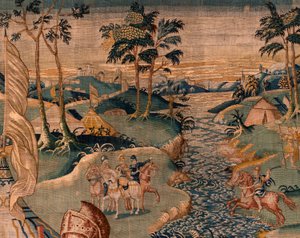 Flämischer Wandteppich. Militärlager am Fluss Granikos. Atelier von Oudenaarde. 17. Jahrhundert. von Flemish School