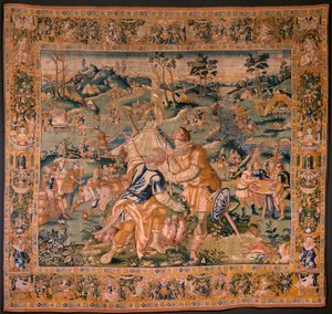 Flämische Tapisserie. Militärlager am Fluss Granikos. Atelier von Oudenaarde. 377x393cm. Inv 83104-9 /00011. 17. Jahrhundert.
