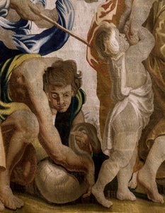 Flämischer Wandteppich. Serie Apotheose der Eucharistie. Das Sammeln von Manna. Modell Karton kopiert von einem Original von Rubens. Brüsseler Herstellung. Herstellung von Frans van den Hecke. Mitte des 17. Jahrhunderts. Stoff Seide und Wolle, 7/8 Ketten p