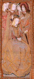 Flämischer Wandteppich. Serie Andacht Unserer Lieben Frau oder Goldene Tücher. Die Krönung der Jungfrau. Vierter Wandteppich der Serie. Modell Zeichner aus dem Kreis von Colyn de Coter. Herstellung Pieter van Aelst, Brüssel. Ca. 1500-15