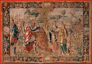 Flemischer Wandteppich. Serie Esau und Jakob. Begegnung zwischen Jakob und Esau. Dritter Wandteppich in der Serie. Herstellung Niederlande, zweite Hälfte des 16. Jahrhunderts. Stoff Wolle. Standort Kirche des Heiligen Nikolaus von Bari (Museum eröffnet). von Flemish School