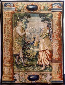 Flämischer Wandteppich. Serie Galanterie. Galante Szene. Herstellung Brüssel, frühes 17. Jahrhundert von Flemish School