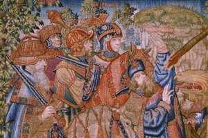 Flämischer Wandteppich. Serie Moralitäten: Die Tugend der Ehren. Ca. 1520. (Detail) von Flemish School