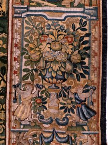 Flämischer Wandteppich. Serie Geschichte von Cyrus. Nr. V Kampf zwischen zwei Kriegern und Tod von Cyrus (Combate de dos guerreros y muerte de Ciro). Anonym, basierend auf Michiel Coxcie. Atelier Antwerpen. Seide und Wolle. Ca 1590.