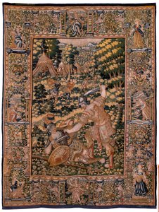 Flämischer Wandteppich. Serie Geschichte von Cyrus. Nr. V Kampf zwischen zwei Kriegern und der Tod von Cyrus (Combate de dos guerreros y muerte de Ciro). Anonym, basierend auf Michiel Coxcie. Atelier Antwerpen. Seide und Wolle. Ca 1590. von Flemish School