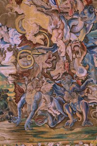Flämischer Wandteppich. Serie Die Apokalypse: Der heilige Michael besiegt den Drachen. Atelier Willem Dermoyen, Brüssel. Ca. 1553-1555. (Detail) von Flemish School