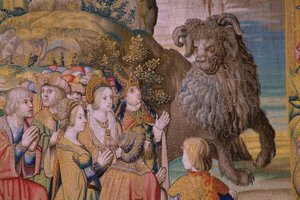 Flämischer Wandteppich. Serie Die Apokalypse: Der heilige Michael besiegt den Drachen. Atelier Willem Dermoyen, Brüssel. Ca. 1553-1555. (Detail) von Flemish School