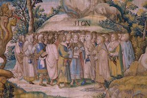 Flemischer Wandteppich. Serie Die Apokalypse: Der heilige Michael besiegt den Drachen. Atelier Willem Dermoyen, Brüssel. Ca. 1553-1555. (Detail) von Flemish School