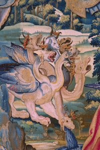 Flemischer Wandteppich. Serie Die Apokalypse: Der heilige Michael besiegt den Drachen. Atelier Willem Dermoyen, Brüssel. Ca. 1553-1555. (Detail) von Flemish School