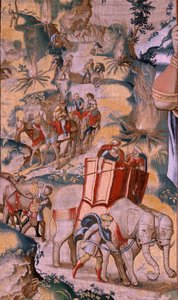 Flämischer Wandteppich. Serie Die Geschichte von Hannibal. Der Übergang über die Alpen. Zweiter Wandteppich der erhaltenen. Modelle Anonymer Meister der Niederlande. Brüsseler Herstellung, Werkstatt. Ca. 1570. Stoff Wolle und Seide, 6,5/7 Kettfäden pro cm. von Flemish School