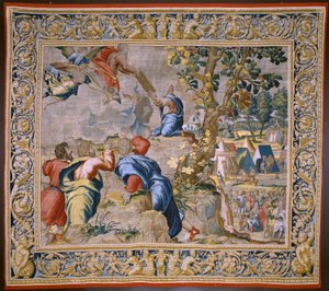 Flämischer Wandteppich. Serie Die Geschichte von Moses. Moses am Berg Sinai. Atelier Joost van Herzele. Ca. 1550 von Flemish School