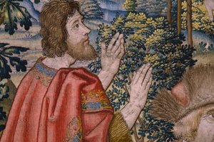 Flemischer Wandteppich. Serie Die Geschichte von Johannes dem Täufer: Die Taufe Christi. Brüsseler Atelier. 1515-1520.