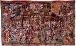 Flämischer Wandteppich. Serie Die Ehren. Tugend. Achter Wandteppich der Serie. Modell Zeichner aus dem Kreis von Bernard van Orley und Jan Gossaert. Herstellung Pieter van Aelst, Brüssel. Ca. 1550