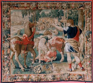 Flämischer Wandteppich. Serie Die Arbeiten des Herkules. Die Pferde des Diomedes. Dritter Wandteppich der bestehenden Serie. Modell Unbekannt. Herstellung Willem Dermoyen, Brüssel. Ca. 1528