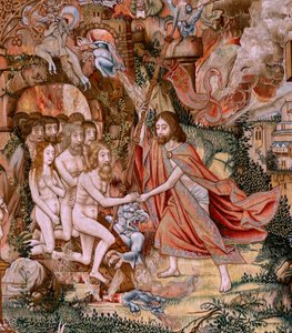 Flandrischer Wandteppich. Serie Die Passion Christi. Die Kreuzabnahme. Zweite Wandteppichserie der Passion Christi, die zum Patrimonio Nacional gehört. Modellzeichner aus dem Kreis von Jan van Roome. Herstellung Pieter van Aelst, Brüssel.
