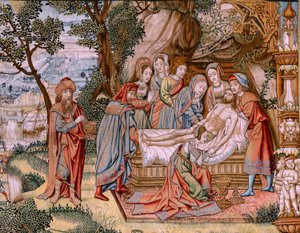 Flämischer Wandteppich. Serie Die Passion Christi. Die Kreuzabnahme. Die zweite Wandteppichserie der Passion Christi, die zum Patrimonio Nacional gehört. Modell Kartonisten aus dem Kreis von Jan van Roome. Herstellung Pieter van von Flemish School