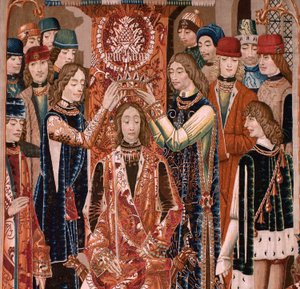 Flämischer Wandteppich. Serie Unbekannt. Römische Geschichte? Tarquinius Priscus (Tarquino Prisco). Herstellung Brüsseler Werkstätten?. Ca 1475. Stoff Wolle und Seide, 6 Kettfäden pro cm. Herkunft Eine Spende von Graf Alba de Aliste, sie kam 1608 in die Ka
