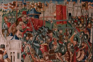 Flämischer Wandteppich. Serie Unbekannt. Römische Geschichte? Tarquinius Priscus. Herstellung Brüsseler Werkstätten?. Ca 1475. Stoff Wolle und Seide, 6 Ketten pro cm. Herkunft Eine Spende von Graf Alba de Aliste, sie kam 1608 in die Kathedrale. Standort von Flemish School