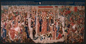Flemischer Wandteppich. Serie Unbekannt. Römische Geschichte? Tarquinius Priscus. Herstellung Brüsseler Werkstätten?. Ca. 1475. Stoff Wolle und Seide, 6 Ketten pro cm. Herkunft Eine Spende von Graf Alba de Aliste, sie kam 1608 in die Kathedrale. Standort.