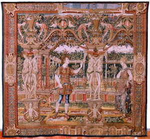 Flemischer Wandteppich. Serie Vertumnus und Pomona. Nr. IV Vertumnus verwandelt sich in einen Baumschneider. Modelle Kreis von Pieter Coecke Van Aelst und Léonard Thiry. Atelier unbekannt, Brüssel. Gold, Seide und Wolle. von Flemish School